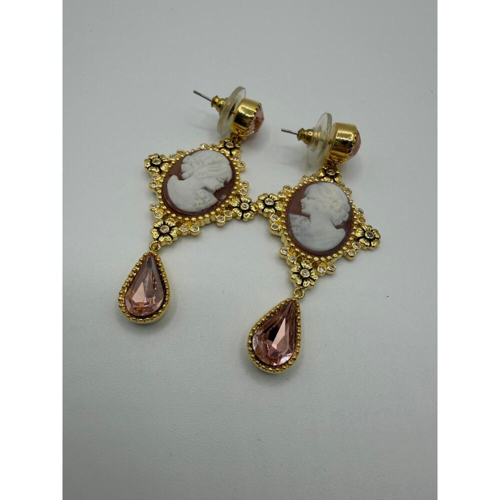 Amedeo Signed Cameo Drop Earrings Pink Crystal Gold Tone Statement Dangle